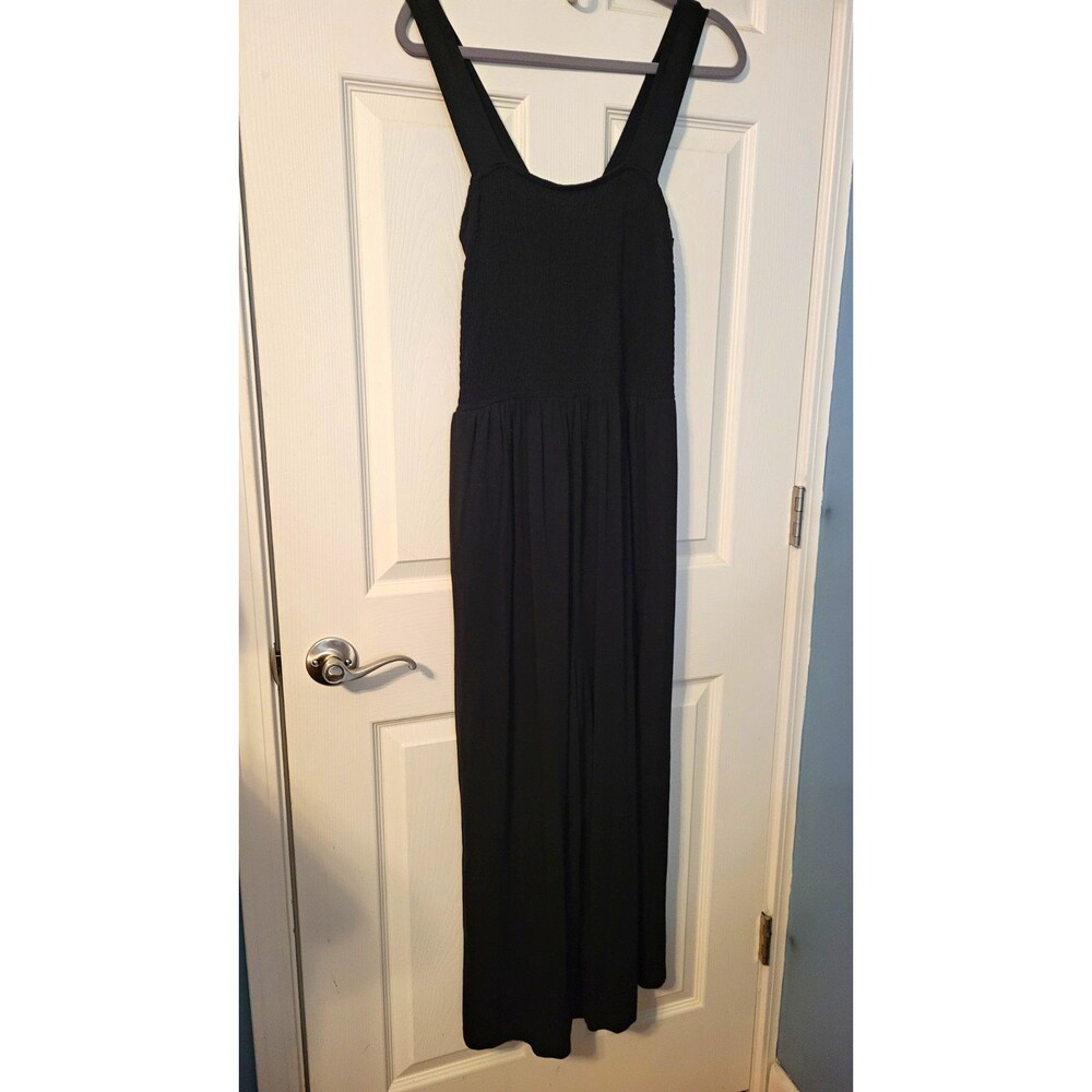 LOFT Black Smocked Wide Leg Jumpsuit Knit Jersey Sleeveless Size Large L